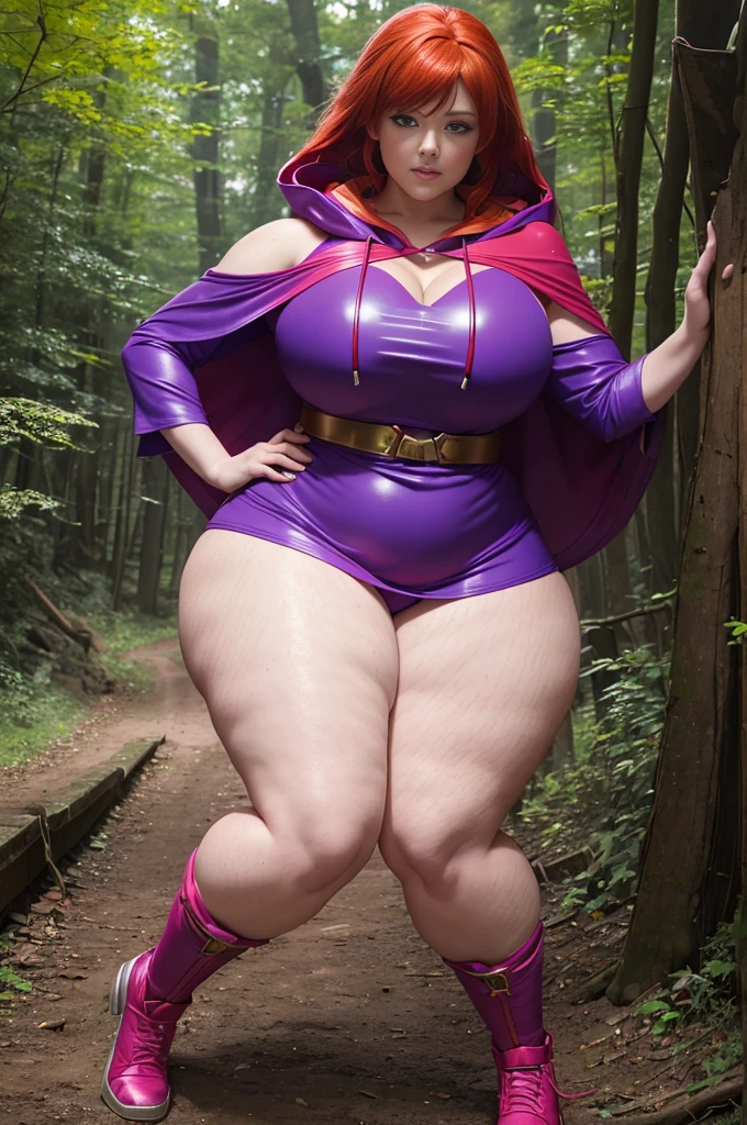 UHD 8K scene, hyper-real photo quality, beautiful young woman, red hair, bright blue eyes, short Glossy enamel pink dress with thief outfit, purple hooded cape, character Sheila from Dungeons and Dragons, in the middle of a forest,, ((thick thighs:1.2)