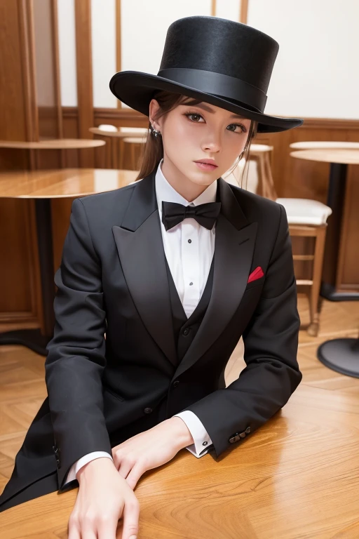 masterpiece, highest quality, Very detailed, 16k,  Ultra-high resolution, Cowboy Shot、Detailed face、Perfect Fingers、20-year-old woman、a beautiful woman dressed as a man 、Slender, Muscular, blue eyes、Slanted Eyes、blonde、short hair、Black Top Hat, (Black tuxedo)、(Red bow tie)、(Black trousers:1.3)、bar counter、Take a seat、tilt one&#39;s head, suit thug