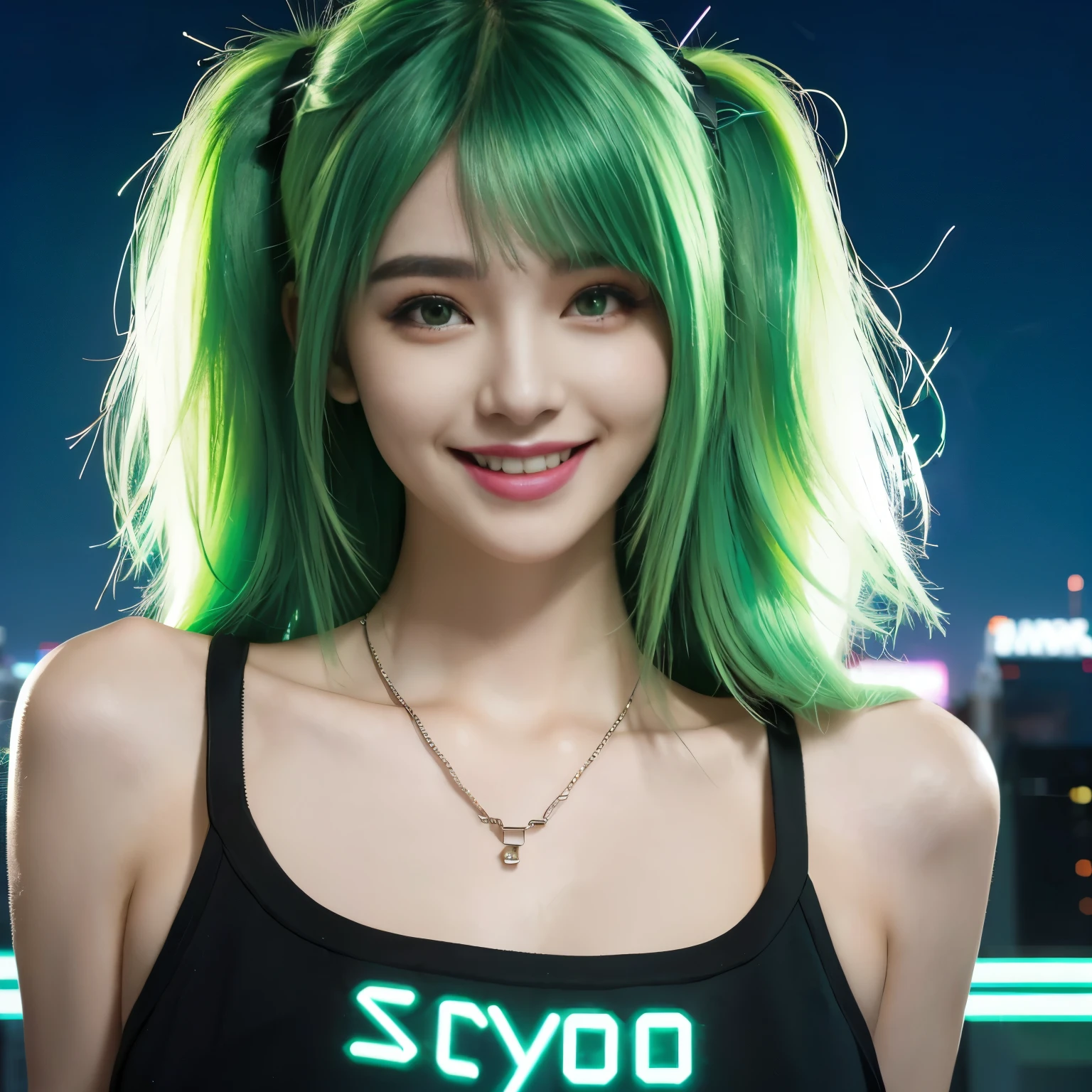 neon city, long hair, cyber punk, school girl, green hair, Beautiful collarbone, smile