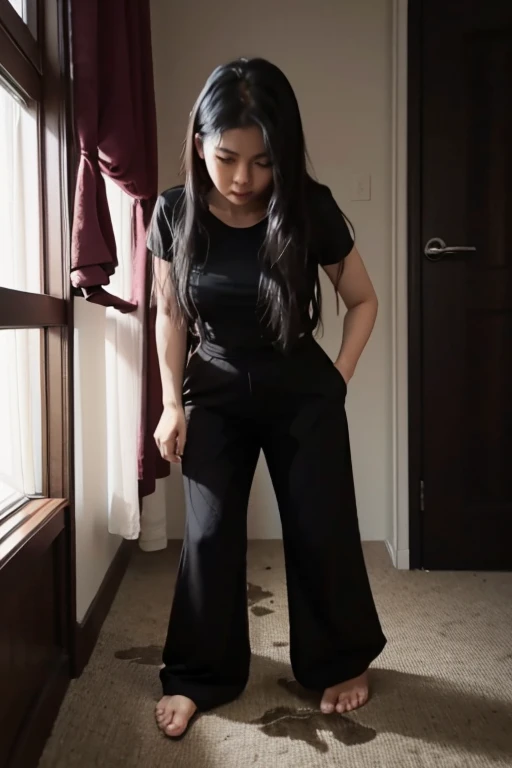 Malay Girl sees the ghost and pees her black culotte pants in fright.