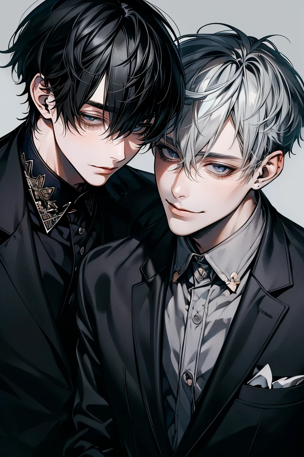 (Mastepiece), (Best Quality), Very detailed, ((Two Men:1.5)), Perfect Face, Beautiful Face, Very detailedな顔，(Black-haired man:1.3)，(Grey-haired man:1.3)，suit，shirt，smile