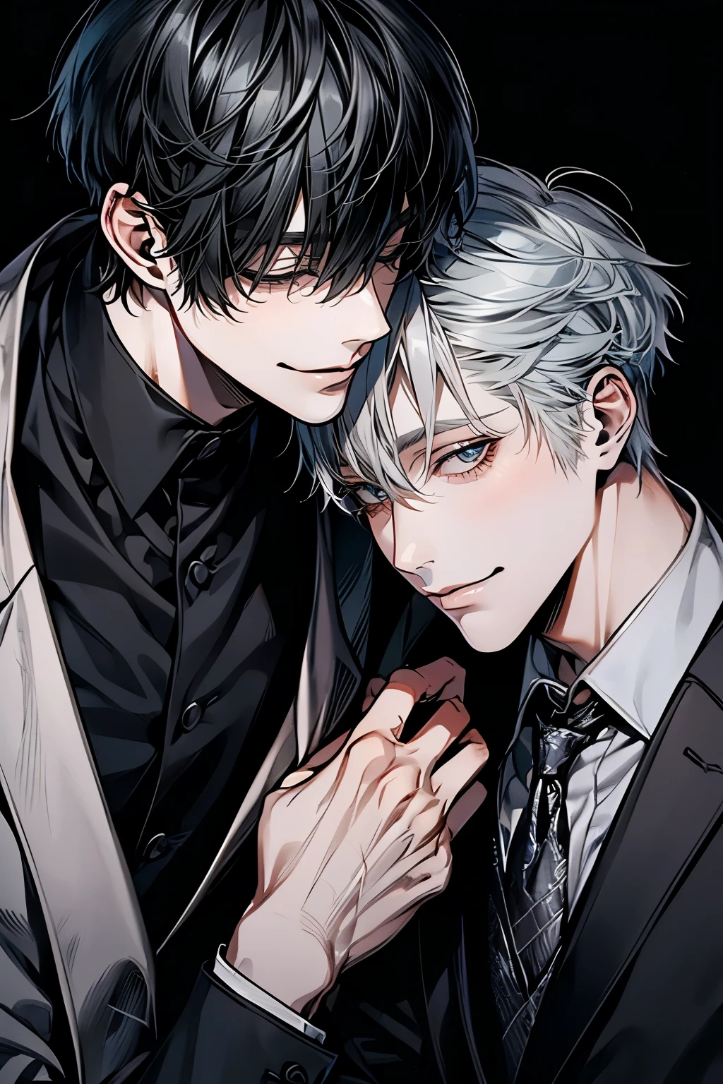 (Mastepiece), (Best Quality), Very detailed, ((Two Men:1.5)), Perfect Face, Beautiful Face, Very detailedな顔,(Black-haired man:1.3),(Grey-haired man:1.3),suit,shirt,smile