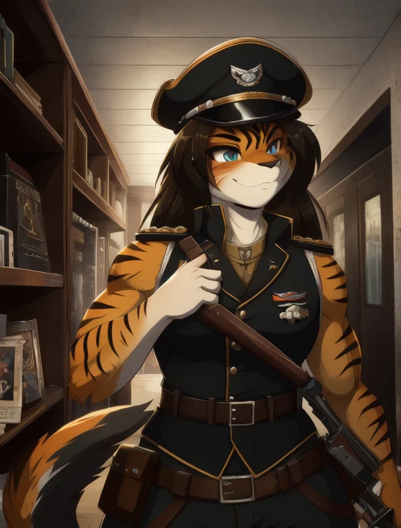 Warhammer_40 thousand_Commissar,((masterpiece)), (Best quality), (detailed), Black uniform sleeveless shirt , mascara, Eyeliner, eyeshadow, Upper body, pomade, женщина anthro furry tiger, Propaganda poster, wicked, bristle, magical craftsman, pilot uniform sleeveless shirt, Pilot's Points, в руке magical 18th century pirate musket
 (8k contract, masterpiece, Best quality, High quality, absurdity, ultra-detailed), masterpiece, Best quality,  long hair, (cute face 1:1),dynamic angle, top quality, best quality, High-quality illustrations, masterpiece, super high resolution, detailed background, detailed background, biohazard, Dim hotel hallway, gun fight, game package, absurdres(highly detailed beautiful face and eyes)perfect anatomy, expression, good lighting, cinematic shadow(kemono, furry anthro),