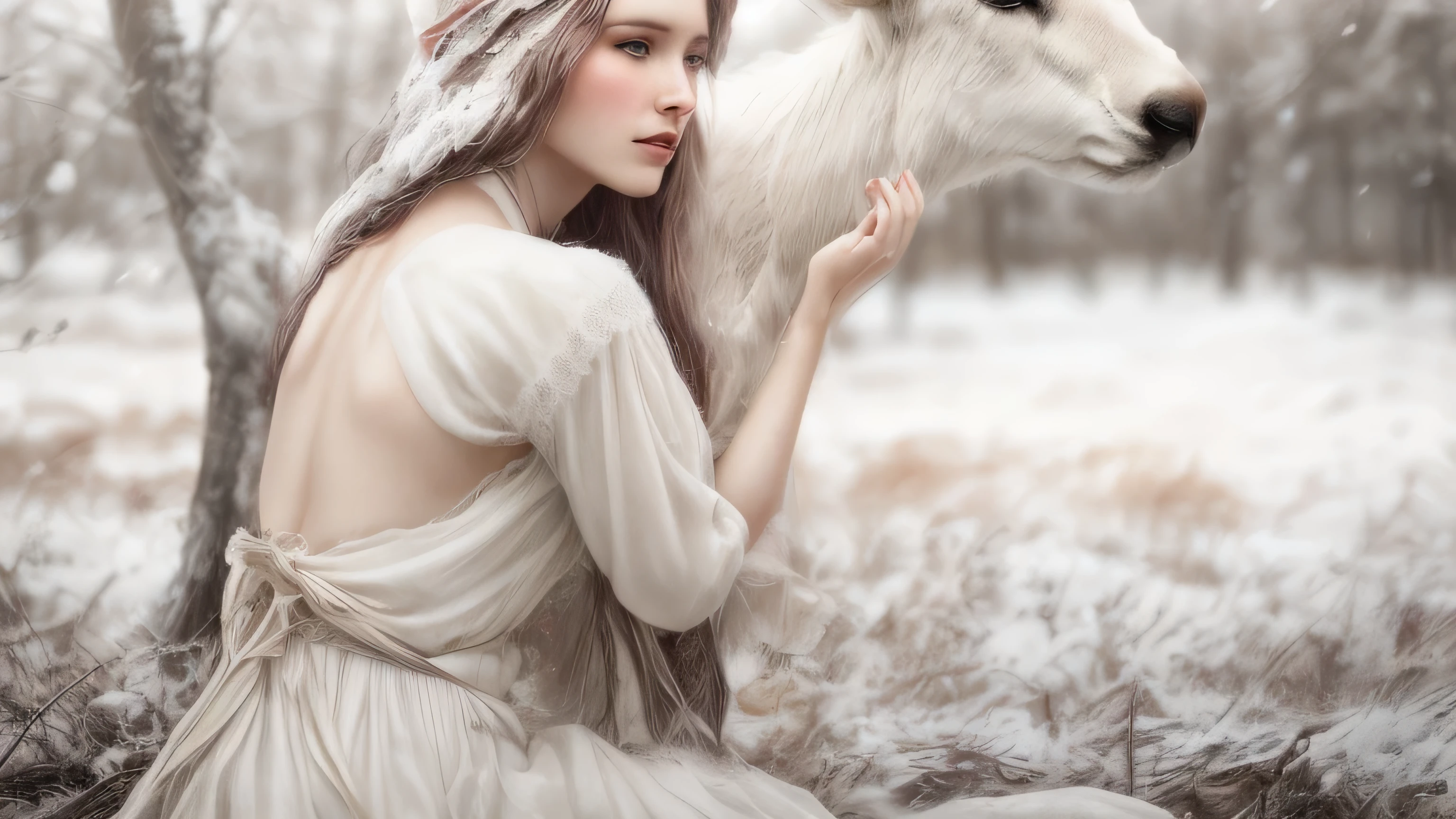 (Woman in white++++++ gown) sitting with deer in a snowy field, It has beautiful horns on its head, Monia Merlot placeholder image, White Witch, Young woman with horns, Anna Boch, Emma Andievska, Lucia Peca, Fantastic fairy tale, beautiful nordic woman, With magical creatures, realistic fantasy photography, inspired by Anka Zhuravleva, Anka Zhuravleva, Pale ivory skin