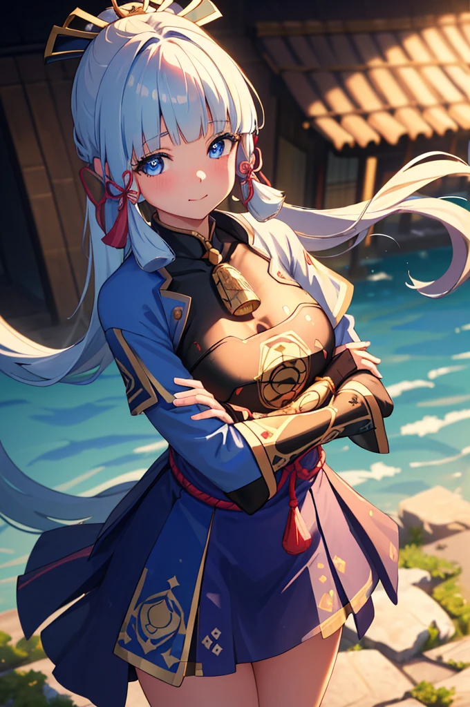 (((masterpiece))), 4k res, highly detailed, (((extremely detailed eyes))), detailed background, cinematic lighting, crystal clear eyes, high quality, highres, ultra-detailed, 8k, best quality, 1girl, solo, shadow, backlighting, light particles, Thick Eyelashes, Wide Sleeve, thick thighs, (masterpiece:1.3), (the best quality:1.2), (super fine illustrations:1.2), (Masterpiece), high quality, high detail,(SOLO:1.4),((round image)), 1girl, kamisato ayaka, smile, blush, closed mouth, thick, medium breasts, traditional japanese house, from above, fingerless gloves, cowboy shot, crossed arms,