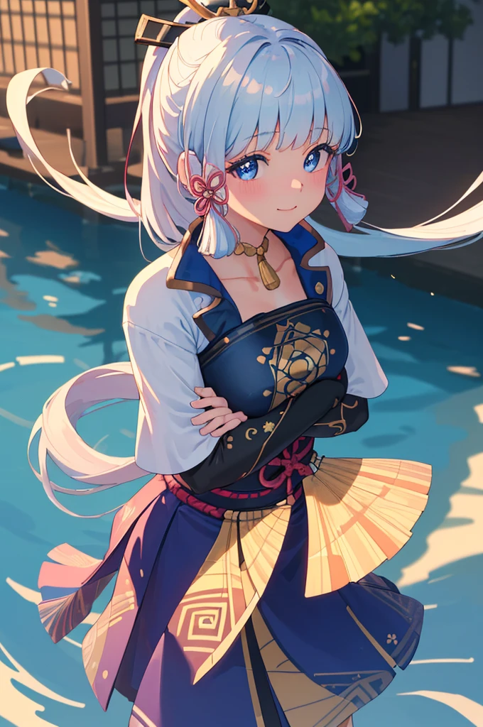 (((masterpiece))), 4k res, highly detailed, (((extremely detailed eyes))), detailed background, cinematic lighting, crystal clear eyes, high quality, highres, ultra-detailed, 8k, best quality, 1girl, solo, shadow, backlighting, light particles, Thick Eyelashes, Wide Sleeve, thick thighs, (masterpiece:1.3), (the best quality:1.2), (super fine illustrations:1.2), (Masterpiece), high quality, high detail,(SOLO:1.4),((round image)), 1girl, kamisato ayaka, smile, blush, closed mouth, thick, medium breasts, traditional japanese house, from above, fingerless gloves, cowboy shot, crossed arms,
