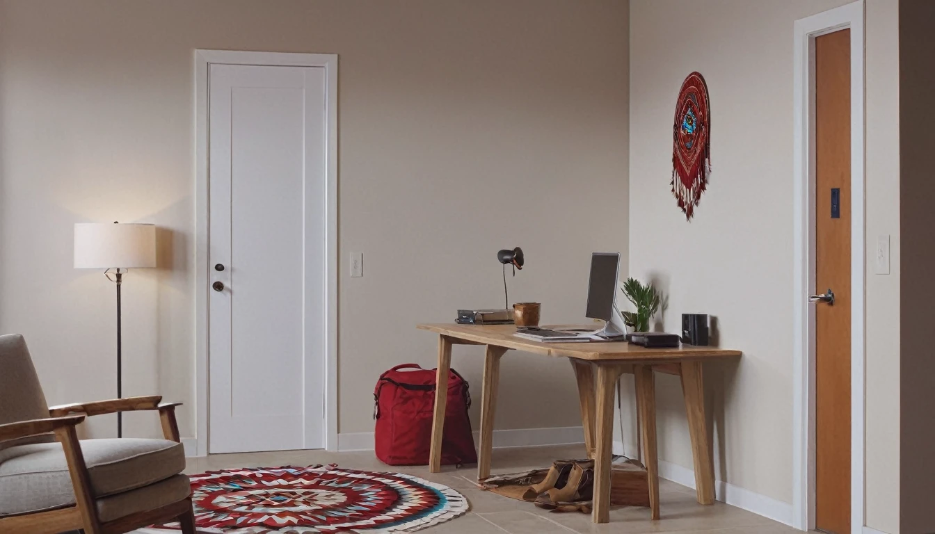 A modern home office setting with a realistic touch. In the left side of the image, a man wearing a red polo shirt is seated on a chair, facing the camera with his head slightly turned to the right. The chair is light-colored, only partially visible. On the right side of the image, there is a large, detailed painting of a Native American woman with traditional attire and accessories, hanging on a wall or door. The walls are white, creating a clean and minimalist look. The floor is light-colored, possibly beige or light gray. There is an open door leading to another room visible in the background. The lighting is natural and well-distributed, giving a cozy and professional ambiance.
