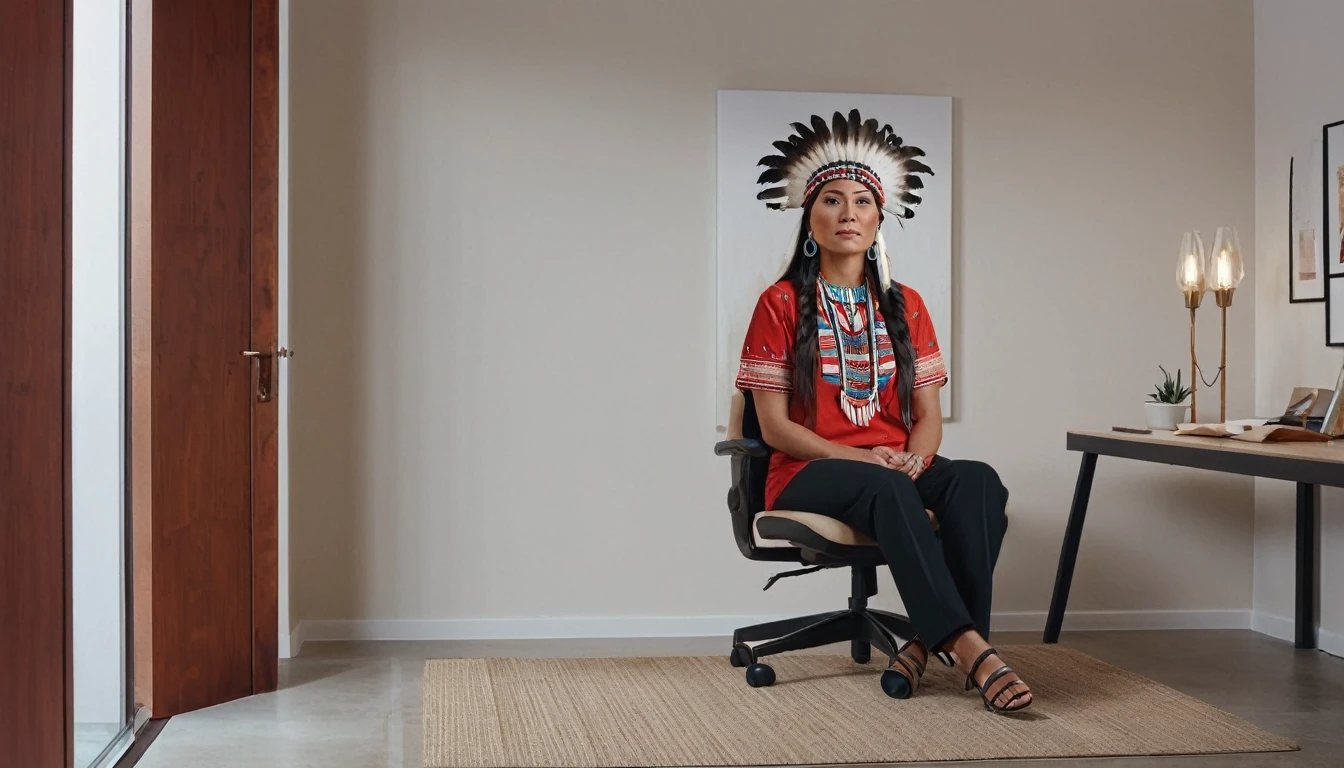 A modern home office setting with a realistic touch. In the left side of the image, a man wearing a red polo shirt is seated on a chair, facing the camera with his head slightly turned to the right. The chair is light-colored, only partially visible. On the right side of the image, there is a large, detailed painting of a Native American woman with traditional attire and accessories, hanging on a wall or door. The walls are white, creating a clean and minimalist look. The floor is light-colored, possibly beige or light gray. There is an open door leading to another room visible in the background. The lighting is natural and well-distributed, giving a cozy and professional ambiance.
