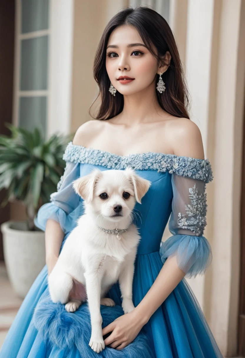 A beautiful women in blue multilayered gown with white furry dog