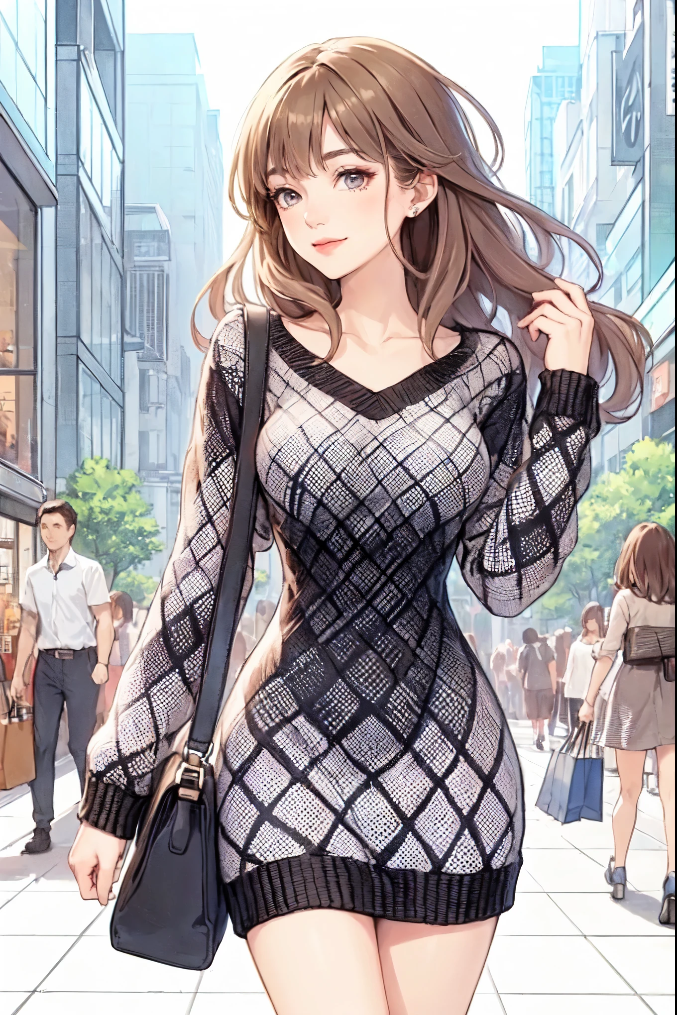 1lady solo, (strolling through city), (stylish outfit), (knit dress) (black and white theme), mature female, /(beige brown hair/) bangs, kind smile, (masterpiece best quality:1.2) delicate illustration ultra-detailed, large breasts BREAK (holding designer's bag) BREAK (populous downtown) outdoors, shopping street, crowded, noon, detailed background