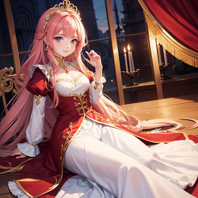 Princesa vanpira, de cabelos brancos, olhos vermelhos ,vestido longo vermelho