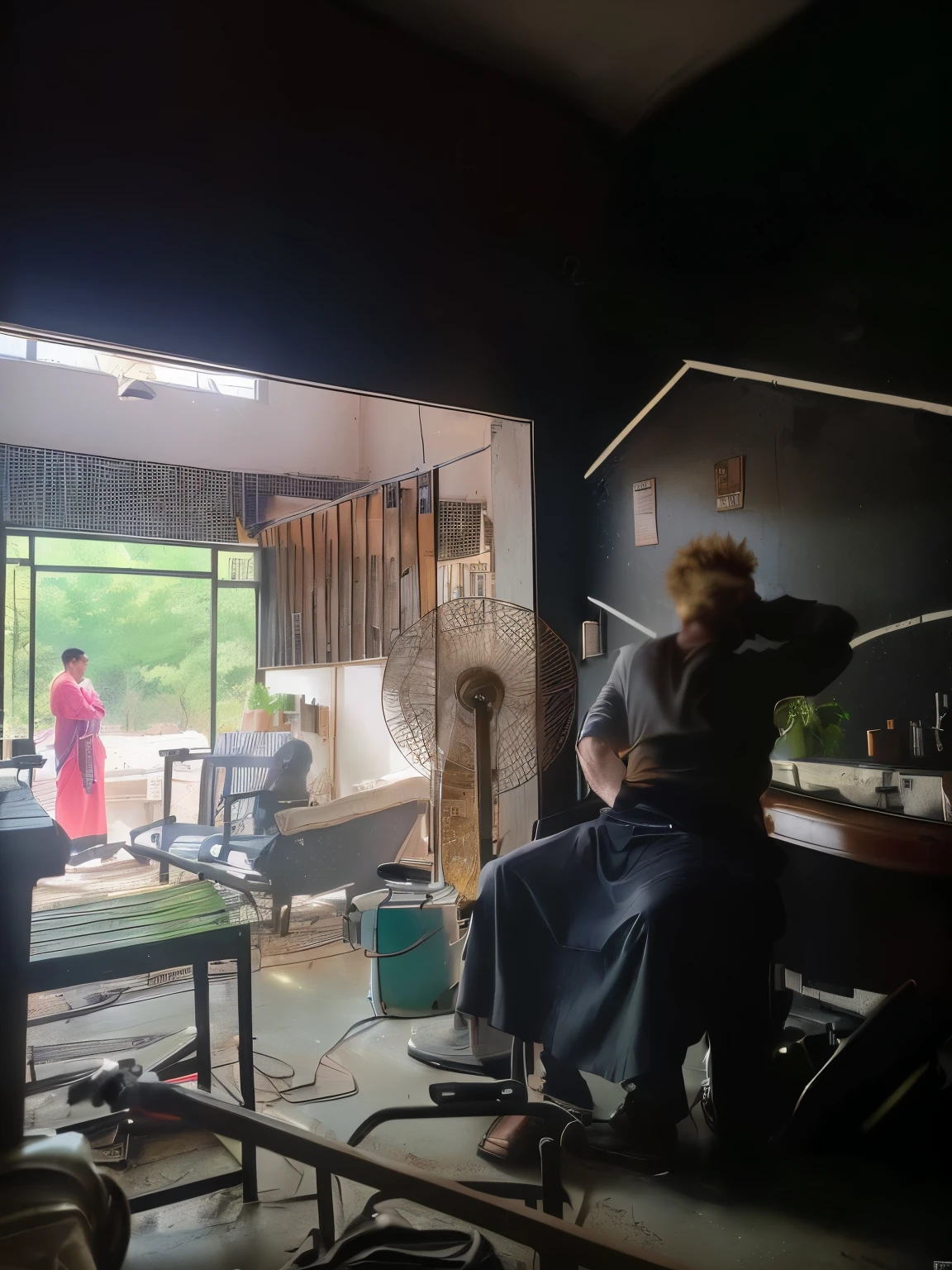 there is a man getting his hair cut in a barber shop, morning shot, inside house in village, nice afternoon lighting, mid morning lighting, with backdrop of natural light, captured on iphone, from side, taken with sony alpha 9, morning time, with dramatic lighting, afternoon lighting, random and dramatic scene, set photo, dramatic shot, taken with canon 8 0 d