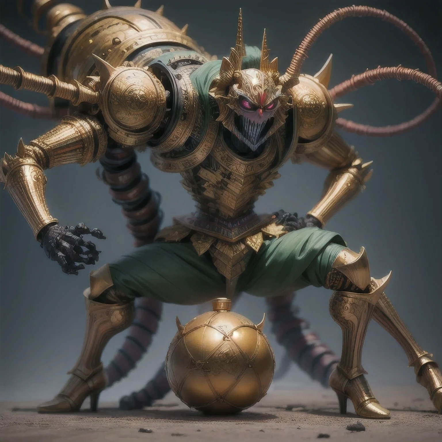 a close up of a golden spider with a royal green emerald body and legs, steampunk spider, Mechanical spider red and cobalt blue legs, arachnid, lolth, arachne, spider, steampunk robot scorpion, highly detailed barlowe 8 k, Bright orange legs large, sculpture made of gold, by Hiroyuki Tajima, full samurai armor spiderman, giger spider joker, insectoid,(((Degenerator )))