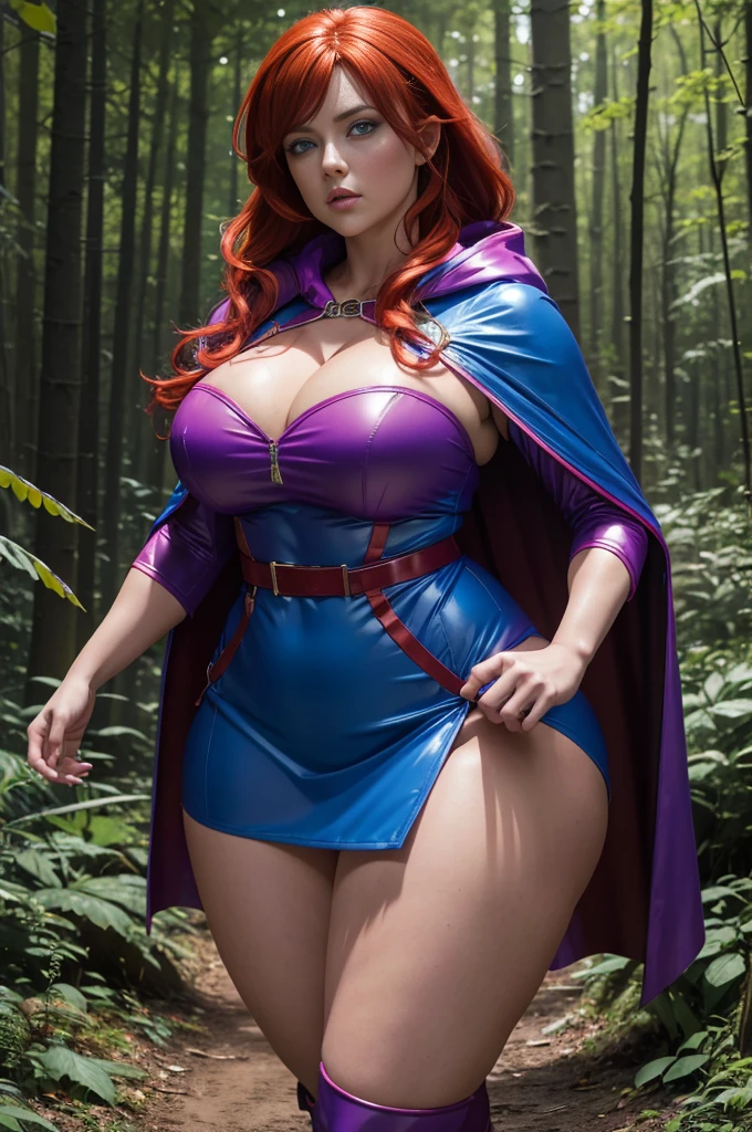 UHD 8K scene, hyper-real photo quality, beautiful young woman, red hair, bright blue eyes, short Glossy enamel pink dress with thief outfit, purple hooded cape, character Sheila from Dungeons and Dragons, in the middle of a forest,, ((thick thighs:1.2)