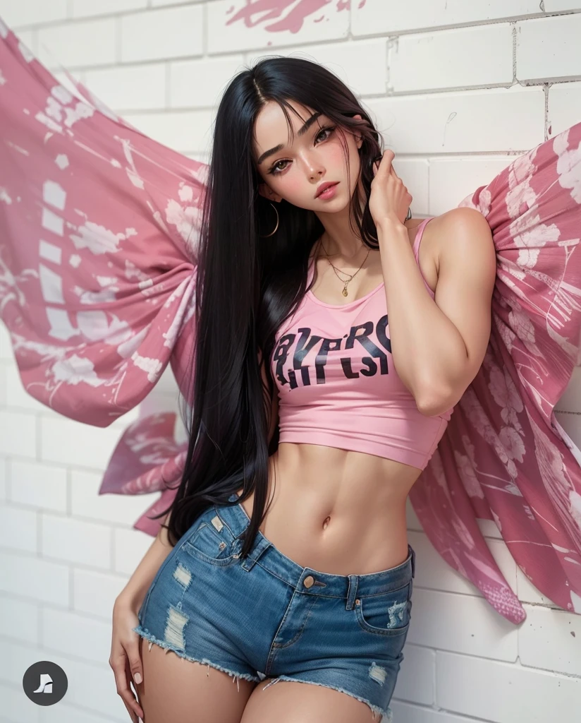 Beautiful girl , sexy slim fit body, long straight black hair , crop top, gorgeous eyes , pink lips , blushed cheeks ,