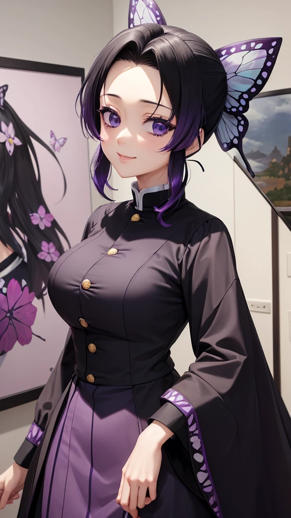Shinobu Kochou, a woman in a black dress standing in front of a painting, facing sideways, a character portrait, a purple and black dress, kimetsu no yaiba, elegant victorian , close up of anime girl, grinning evily, evil face, sleepy eyes, main character, luxury house, luxury, purplish black hair, wolfcut hairstyle,purple and white butterfly headband behind hair, mafia, , sleepy eyes