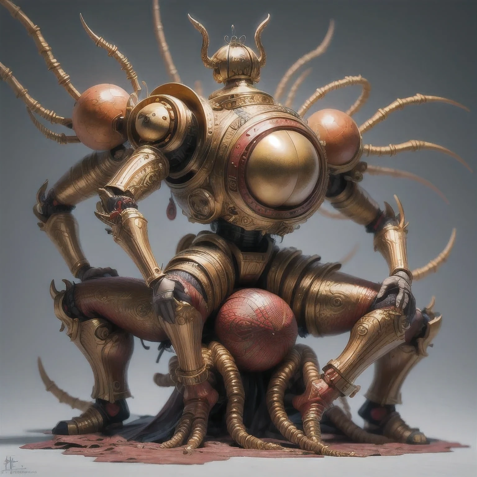 a close up of a golden spider with a 紫粉白 body and legs, steampunk spider, Mechanical spider red and white legs, arachnid, lolth, arachne, spider, steampunk robot scorpion, highly detailed barlowe 8 k, Bright orange legs large, sculpture made of gold, by Hiroyuki Tajima, full samurai armor spiderman, giger spider joker, insectoid,(((Degenerator )))