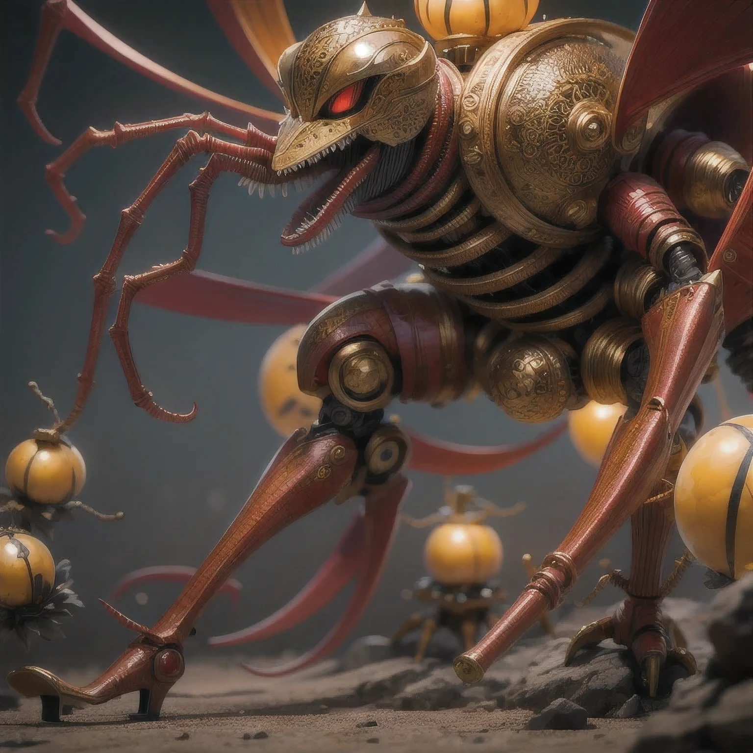 a close up of a golden spider with a 紫粉白 body and legs, steampunk spider, Mechanical spider red and white legs, arachnid, lolth, arachne, spider, steampunk robot scorpion, highly detailed barlowe 8 k, Bright orange legs large, sculpture made of gold, by Hiroyuki Tajima, full samurai armor spiderman, giger spider joker, insectoid，（（（Degenerator ）））