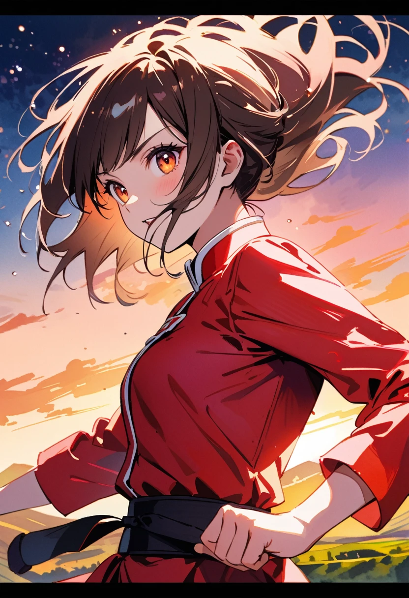 pop art,a martial artist girl,Red uniform,detailed face,brown hair,Black Shoes,Fighting Pose,dynamic Poses,BREAK,((Has smart tonfa)),sparkling lights,Countryside of China,(depth of field:1.3),Portrait,magnificent view,(Watercolor:1.1),