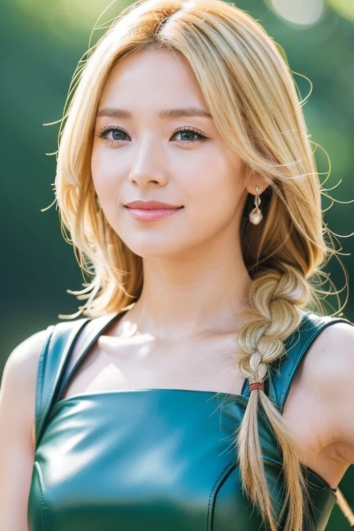masterpiece、1 beautiful girl、Fine Eyes、smile、Puffy eyes、highest quality, 超High resolution, (reality: 1.4), Cinema Lighting、Japanese、Asian Beauty、Korean、so beautiful、Beautiful Skin、Body facing forward、Face close-up、Upper body close-up,(超reality的な)、(High resolution)、(8k)、(Very detailed)、(美しくFine Eyes)、Detailed face、Bright lighting、Professional Lighting、Looking at the audience、Look straight ahead、Diagonal bangs、Blonde single braid、(masterpiece, highest quality:1.2), Cowboy Shot, alone, 1 girl, Valkyrie, smile, Looking at the audience, Sword and Shield, Single-edged, Winged Helmet, Green Armor Dress,Perfect cosplay