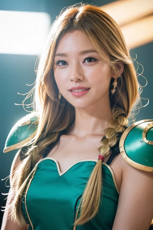 masterpiece、1 beautiful girl、Fine Eyes、smile、y eyes、highest quality, 超High resolution, (reality: 1.4), Cinema Lighting、Japanese、Asian Beauty、Korean、so beautiful、Beautiful Skin、Body facing forward、Face close-up、Upper body close-up,(超reality的な)、(High resolution)、(8k)、(Very detailed)、(美しくFine Eyes)、Detailed face、Bright lighting、Professional Lighting、Looking at the audience、Look straight ahead、Diagonal bangs、Blonde single braid、(masterpiece, highest quality:1.2), Cowboy Shot, alone, 1 girl, Valkyrie, smile, Looking at the audience, Sword and Shield, Single-edged, Winged Helmet, Green Armor Dress,Perfect cosplay