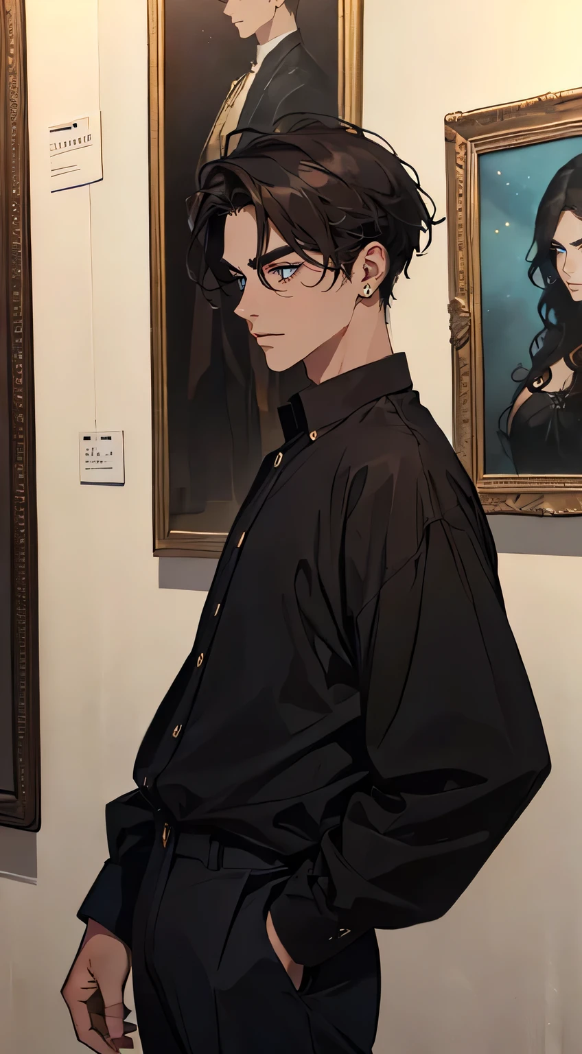 ((A young man with dark hair and an earring is standing in an art gallery, viewing paintings. He is wearing a light-colored long-sleeve shirt and dark pants. The gallery is dimly lit, and several framed paintings are displayed on the walls around him. The atmosphere is serene and contemplative.)), taken in the early 1960s, gotham, alejandro, he looks very sophisticated, (((left-side swept black medium length hair))), (dark blue eyes and thick eyebrows), smirk, ((20 years old)), ((masterpiece)), posture dynamic, ((brown skin))