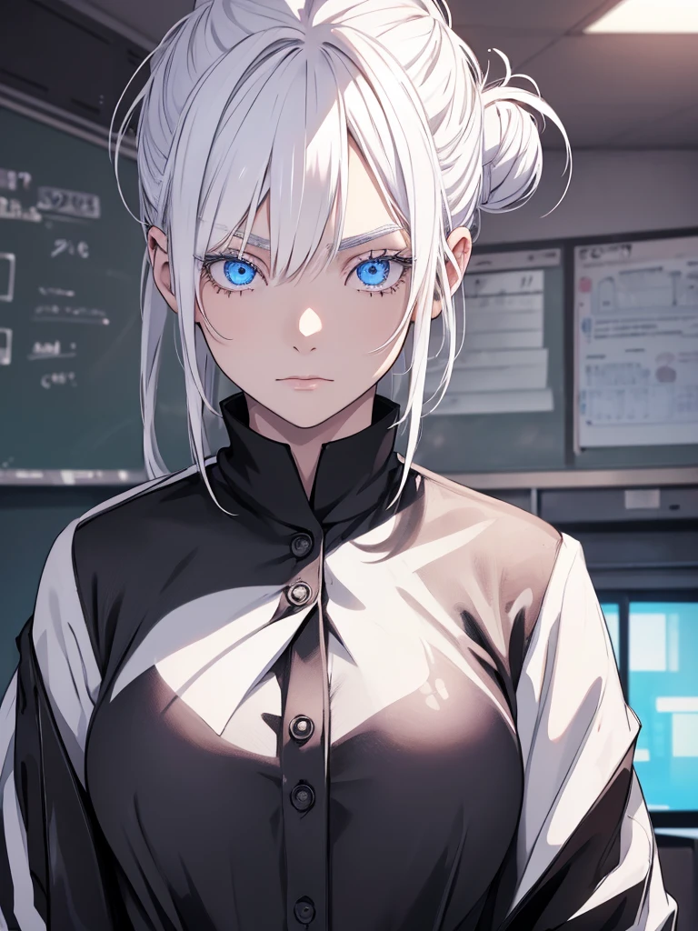 Woman, age 18, white hair, hair bun, wears round sunglasess, white eyebrows, white eyelash, white eyelashes, detailed eyes, glowing eyes, galaxy eyes, wearing black shirt, black clothing, in classroom, school, high quality, 4k resolution, anime