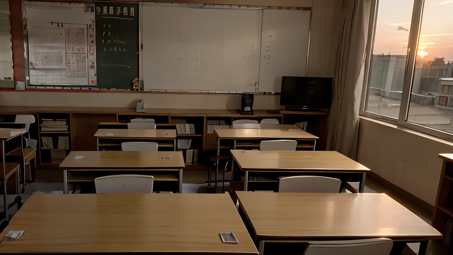 Chinese classroom at sunset，The desk is piled with books and papers