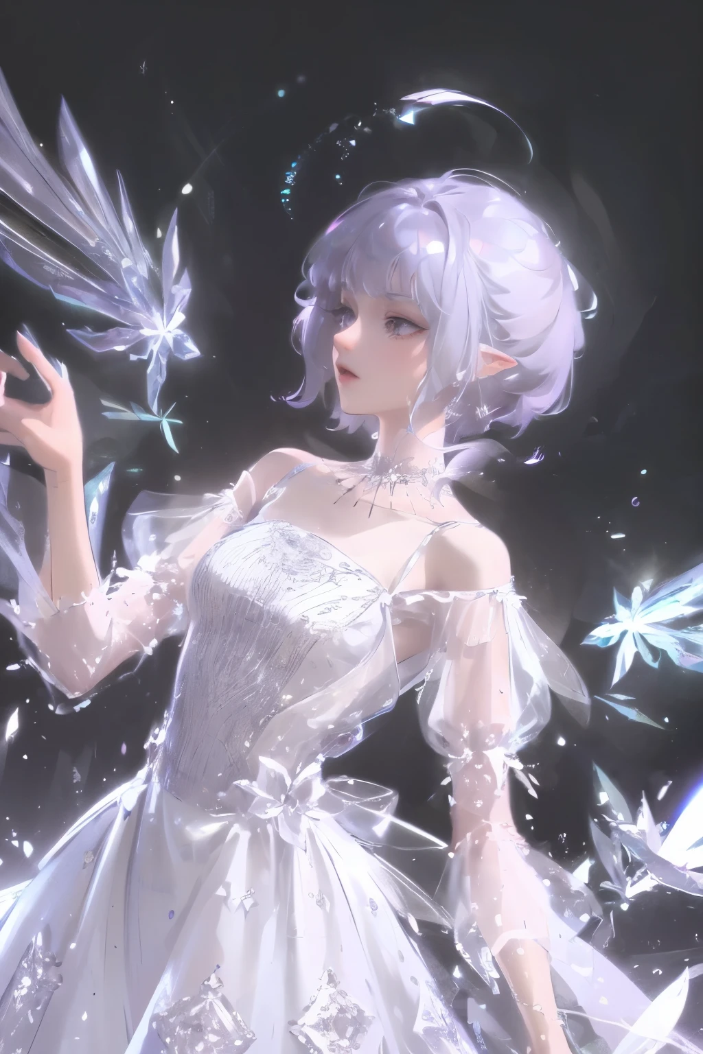 (Extremely detailed CG unity 8k wallpaper, masterpiece, best quality, Extremely detailed), (Optimal lighting, The best shadow, Extremely delicate and beautiful), Very cool, Dynamic, and original young girl characters (Dynamic pose) Silver (Pixie Short Hair: 1.3) Can reflect light beautifully.