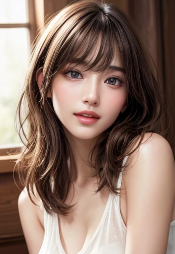 (top-quality、ultra-detailliert、high-resolution illustrations、Ultra-high-definition CG、coustics、Skin quality improvement、reality、masterpiece:1.2、high detal、4K、8K、35mm lens),1womanl,Round face,Brown hair(Brown hair:1.5),burst into laughter(burst into laughter:1.4),flipped hair(flipped hair:1.5),Colossal tits,babydoll