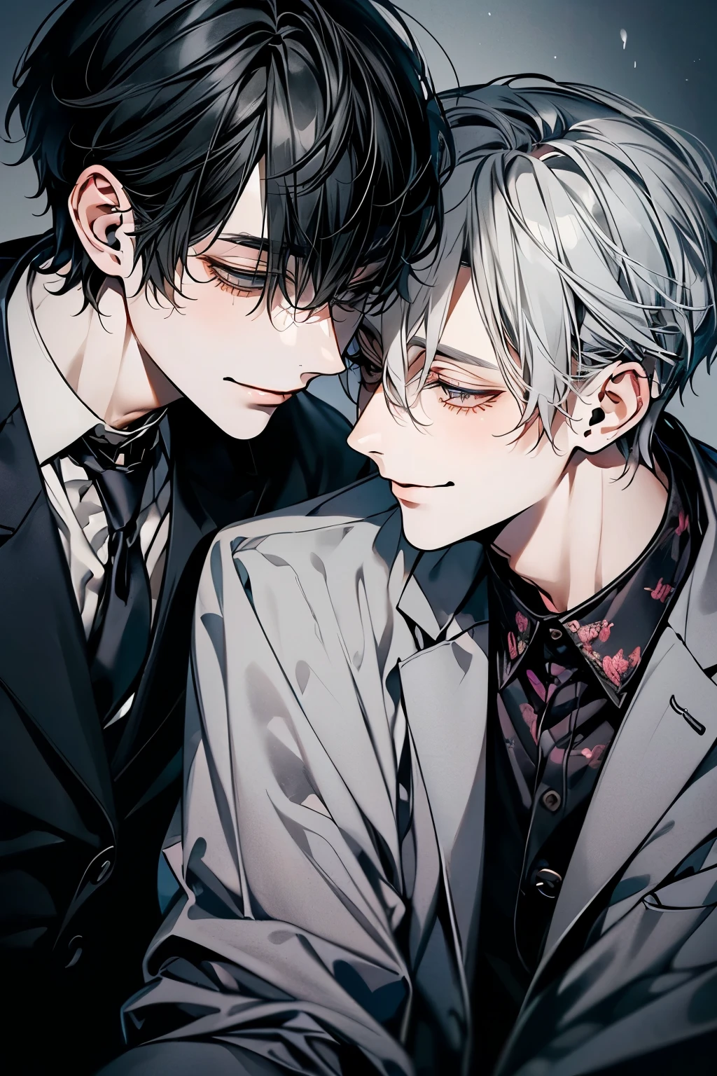 (Mastepiece), (Best Quality), Very detailed, ((Two intimate men:1.5)), Perfect Face, Beautiful Face, Very detailedな顔，(Black-haired man:1.3)，(Grey-haired man:1.3)，suit，shirt，smile