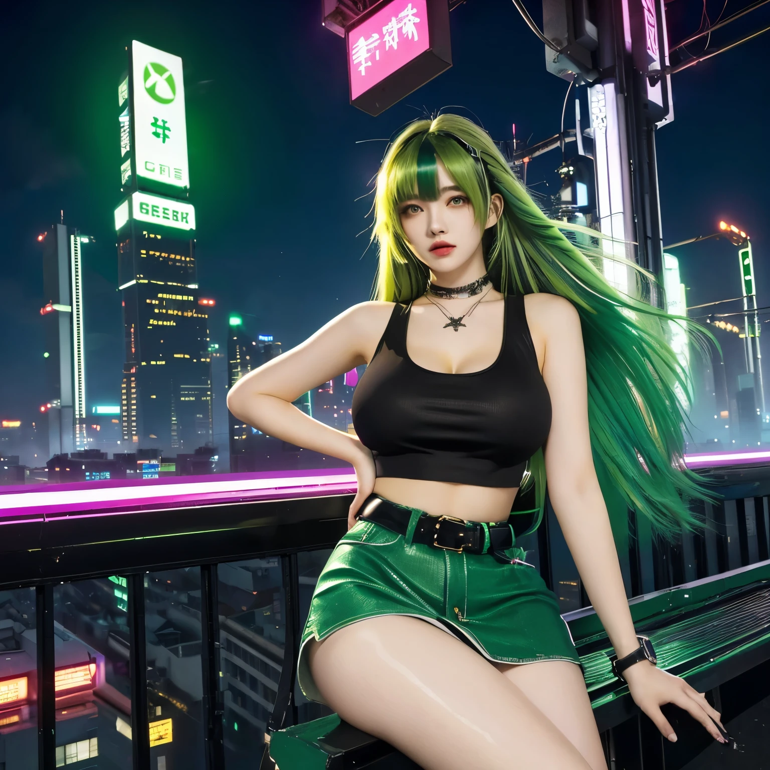 neon city, long hair, cyber punk, school girl, green hair, Beautiful thighs, colossal tits, white tank top