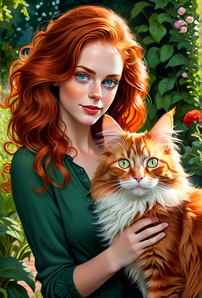 red-haired girl [Sigourney Weaver:Kaya Scodelario:0.45] with a full sized  red mainecoon cat, (best quality, masterpieces, ultra-detailed), beautiful detailed eyes, beautiful detailed lips, longeyelashes, vibrant colors, illustrative style, oil painting texture, flowing red hair, cozy garden background, soft sunlight, lively expression, joyful interaction with the cat, dynamic pose, realistic rendering.