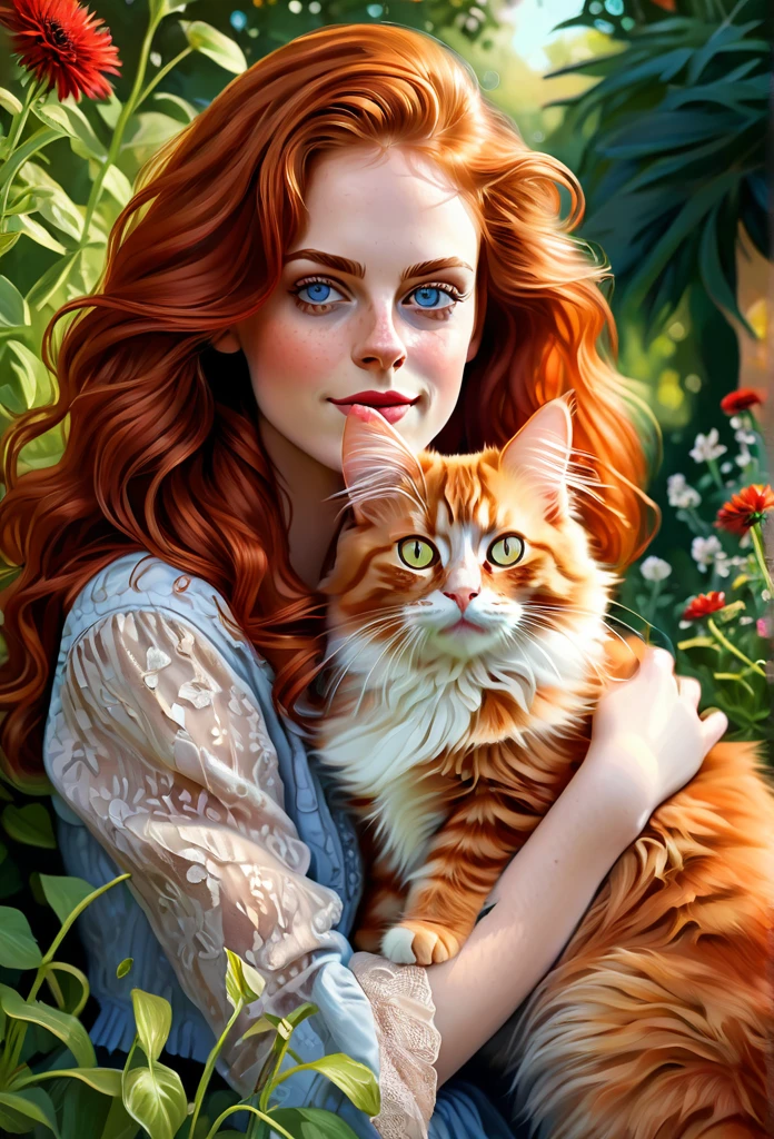 red-haired girl [Sigourney Weaver:Kaya Scodelario:0.45] with a full sized  red mainecoon cat, (best quality, masterpieces, ultra-detailed), beautiful detailed eyes, beautiful detailed lips, longeyelashes, vibrant colors, illustrative style, oil painting texture, flowing red hair, cozy garden background, soft sunlight, lively expression, joyful interaction with the cat, dynamic pose, realistic rendering.