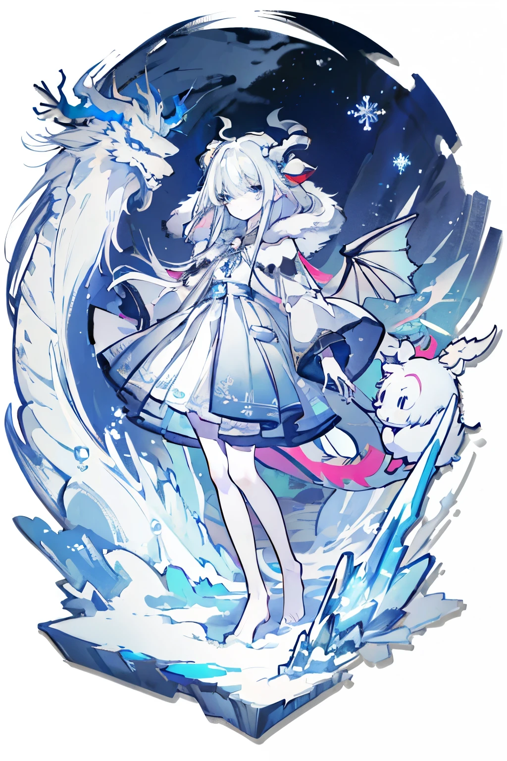 1girl, medium chest, long white hair, flowing hair, messy hair, bangs, hair between eyes, blue eyes, icy blue eyes, pale skin, tall stature, yeti ears, white fur, fluffy fur, snowflake hairpin, cold expression, serious expression, fur-trimmed cloak, white cloak, hooded cloak, frosty patterns, snowflake patterns, long sleeves, fur-trimmed cuffs, ice crystal necklace, blue dress, snowflake patterns, floor-length dress, barefoot, icy ground, confident stance, night, sky, snow, blizzard, wind, whiteout conditions, arctic, ocean, iceberg, alaska, masterpiece, best quality, official art, extremely detailed CG unity 8k wallpaper, artbook, (dragon-born, snow dragon, horns, dragon horns, little dragon wings, little dragon wings on back, dragon wings, small dragoon horns, horns on head), (princess, princess clothing, alaska princess, viking princess, dragon princess, young adult)