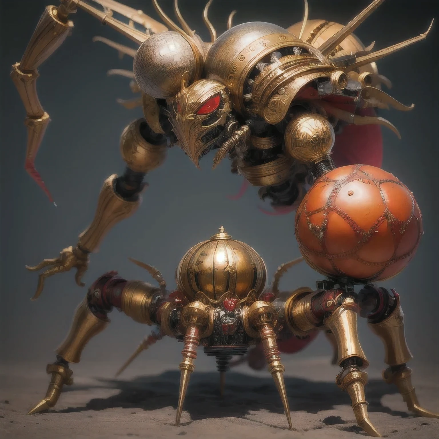 a close up of a golden spider with a 紫粉白 body and legs, steampunk spider, Mechanical spider red and white legs, arachnid, lolth, arachne, spider, steampunk robot scorpion, highly detailed barlowe 8 k, Bright orange legs large, sculpture made of gold, by Hiroyuki Tajima, full samurai armor spiderman, giger spider joker, insectoid,(((Degenerator )))