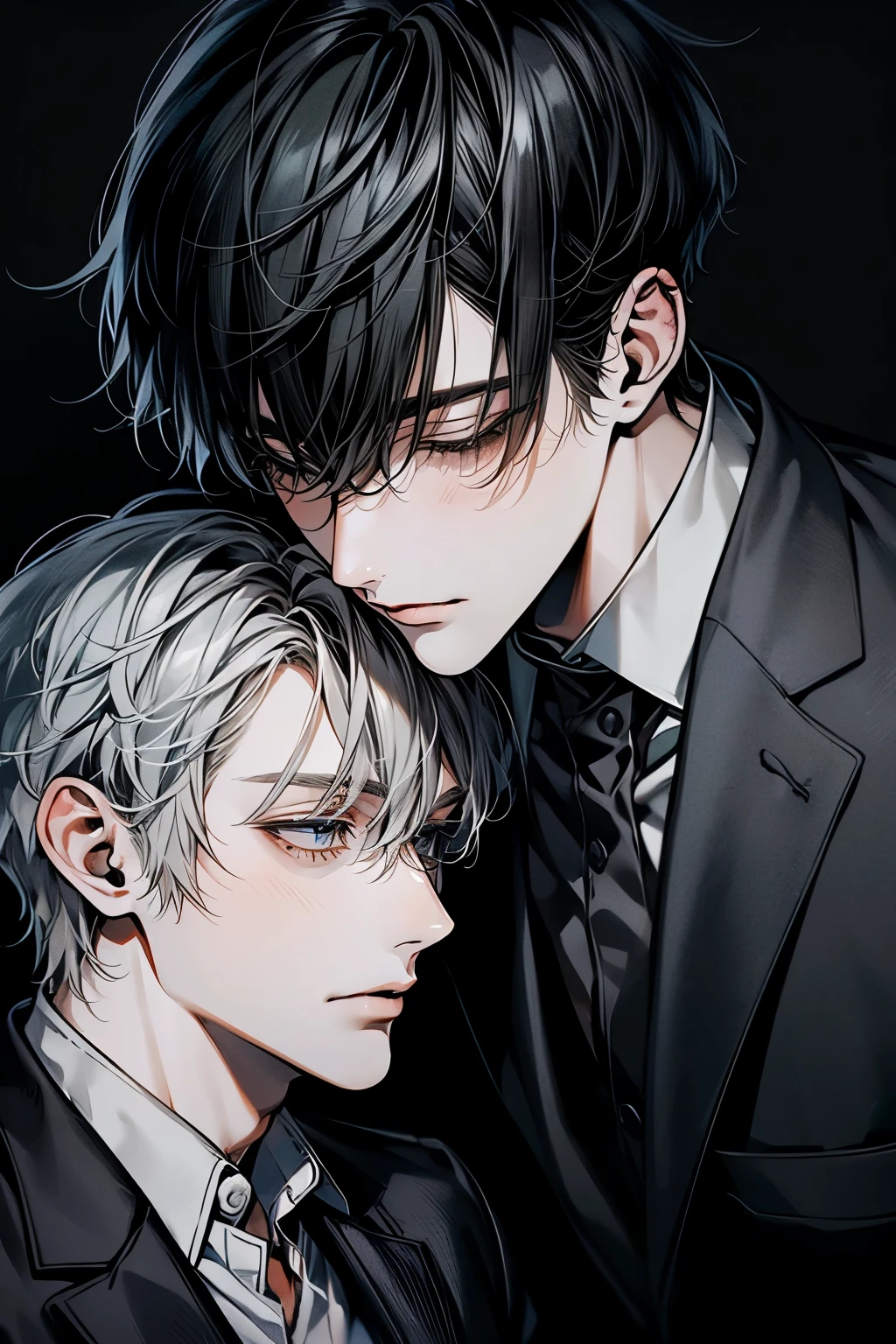 (Mastepiece), (Best Quality), Very detailed, ((Two Men:1.5)), Perfect Face, Beautiful Face, Very detailedな顔，(Black-haired man:1.3)，(Grey-haired man:1.3)，suit，shirt，Close ~ eyes