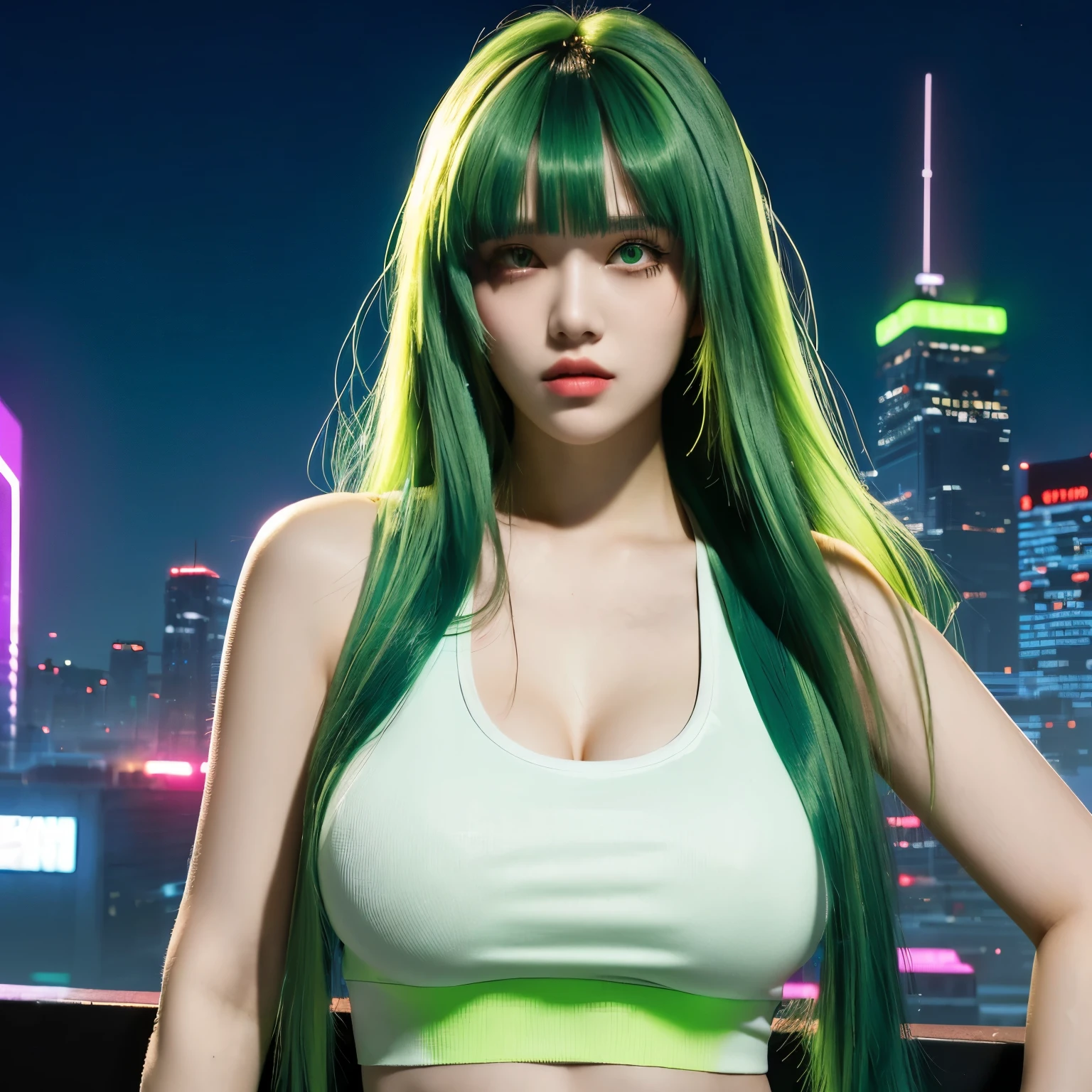 neon city, long hair, cyber punk, school girl, green hair, blunt bangs, colossal tits, white tank top