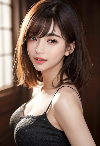 (highest quality、Tabletop、8k、Best image quality、Award-winning works)、Sleeveless, (Red eyeshadow:1.2)、Perfect Makeup、Long eyelashes、Ultra-high definition sparkling eyes、Ultra HD Hair、超High resolutionolution glossy lips、超High resolutionのPerfect Teeth、Ultra HD cute face、Brown Hair、(Very short straight hair:1.1)、Look at me and smile、[clavicle]、Accurate anatomy、With bangs、超High resolutionの輝く肌、The most detailed face、超High resolutionの詳細な顔、超High resolutionolution hair、Fashion model, 25 years old, [[[[chest]]]], [[[[head]]], [shoulder]]]]], Perfect Eyes, Perfect Iris, Perfect Lips, Perfect Teeth, Perfect Skin, Soft Front Light, shine, High resolution, (Soft colors: 1.2), highest quality, masterpiece, 超High resolution, (photoRealistic:1.37), RAW Photos, One girl, Long Hair, Beautiful Eyes, Beautiful Face, Detailed eyes and face, T-Shirts, Dynamic Lighting, In the Dark, Tabletop, highest quality, Realistic, Very detailed, finely, High resolution, 8k wallpaper, 1. Beautiful Women, Light brown messy hair, Realistic, High resolution, Only one girl , Wavy black hair, Brown eyes,  whole body, Big Breasts, chestの谷間, Pose Random, 8k, Very detailed, High resolution, To the camera,  (Very Realistic, High resolution), ( Very fine grain, Very fine hair, Very detailedな顔, Very detailedなふっくらとした唇), (chest元オープンオフショルダー), chest, Upper Body, Loving smile,  (highest quality: 1. 4), RAW Photos, (Realistic, PhotoRealistic: 1.37), Browsing Caution,highest quality, Best image quality, RAW Photos, Realistic, Photorealistic, Very detailed and beautiful, Best details, One Girl, good looking, Beautiful white skin and glow, Beautiful Eyesは大きくて明るい, Small mouth and thin lips,