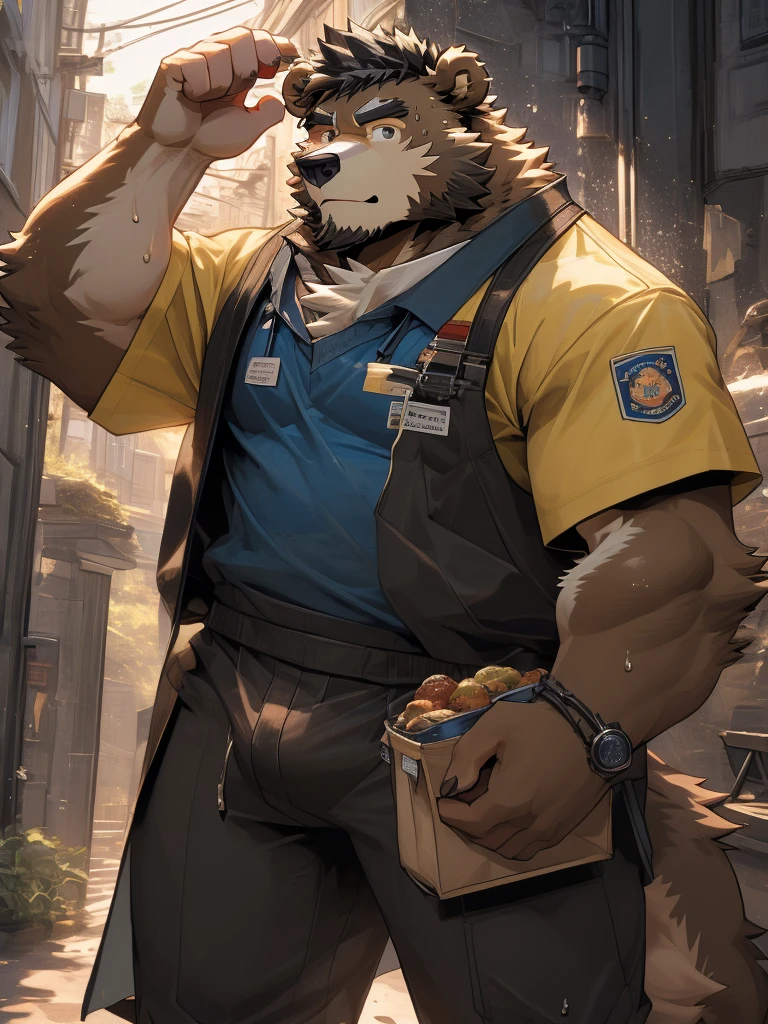 (Super detailed), Sharp focus,hairy, Black and white fur), black beard, Black Hair,human nature (Brown Bear:1.3), male, Middle-aged and elderly, Brown body, White belly, Muscular ,(Crotch bulge),Super detailed的脸,(dishevelled:1.4),(best quality), (masterpiece), High Detail, high quality,High resolution,16K,(Brown Bear:1.3),(Brown fur:1.3),(Yellow clothes for food delivery),Bag in hand,Standing at the door,(Sweat on the head)。