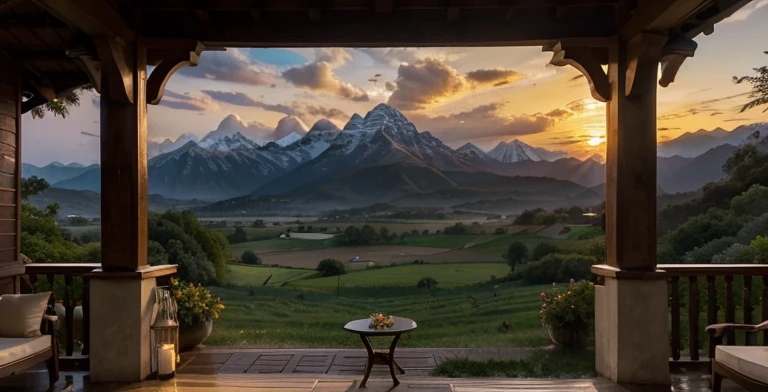 Paint me a serene tableau of rural tranquility, where the golden fingers of the setting sun gently caress the towering peaks of distant mountains. In the foreground, a quaint farmhouse with expansive, shadowy verandas stands as a sentinel of quiet solitude amidst the verdant fields of summer. The hues of dusk cast a soft, ethereal glow upon the landscape, imbuing it with a timeless aura of peace. Upon one of the grand verandas, a solitary figure sits, their silhouette a graceful contrast against the fading light, lost in contemplation as the symphony of nature plays out around them. Let this scene be a testament to the beauty of simplicity and the profound harmony found in the embrace of nature