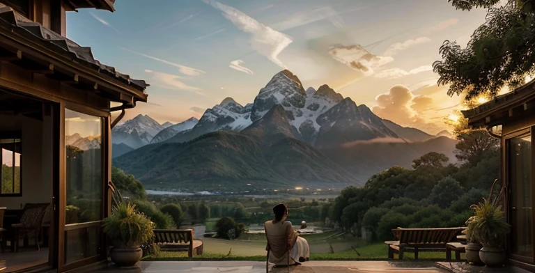 Paint me a serene tableau of rural tranquility, where the golden fingers of the setting sun gently caress the towering peaks of distant mountains. In the foreground, a quaint farmhouse with expansive, shadowy verandas stands as a sentinel of quiet solitude amidst the verdant fields of summer. The hues of dusk cast a soft, ethereal glow upon the landscape, imbuing it with a timeless aura of peace. Upon one of the grand verandas, a solitary figure sits, their silhouette a graceful contrast against the fading light, lost in contemplation as the symphony of nature plays out around them. Let this scene be a testament to the beauty of simplicity and the profound harmony found in the embrace of nature