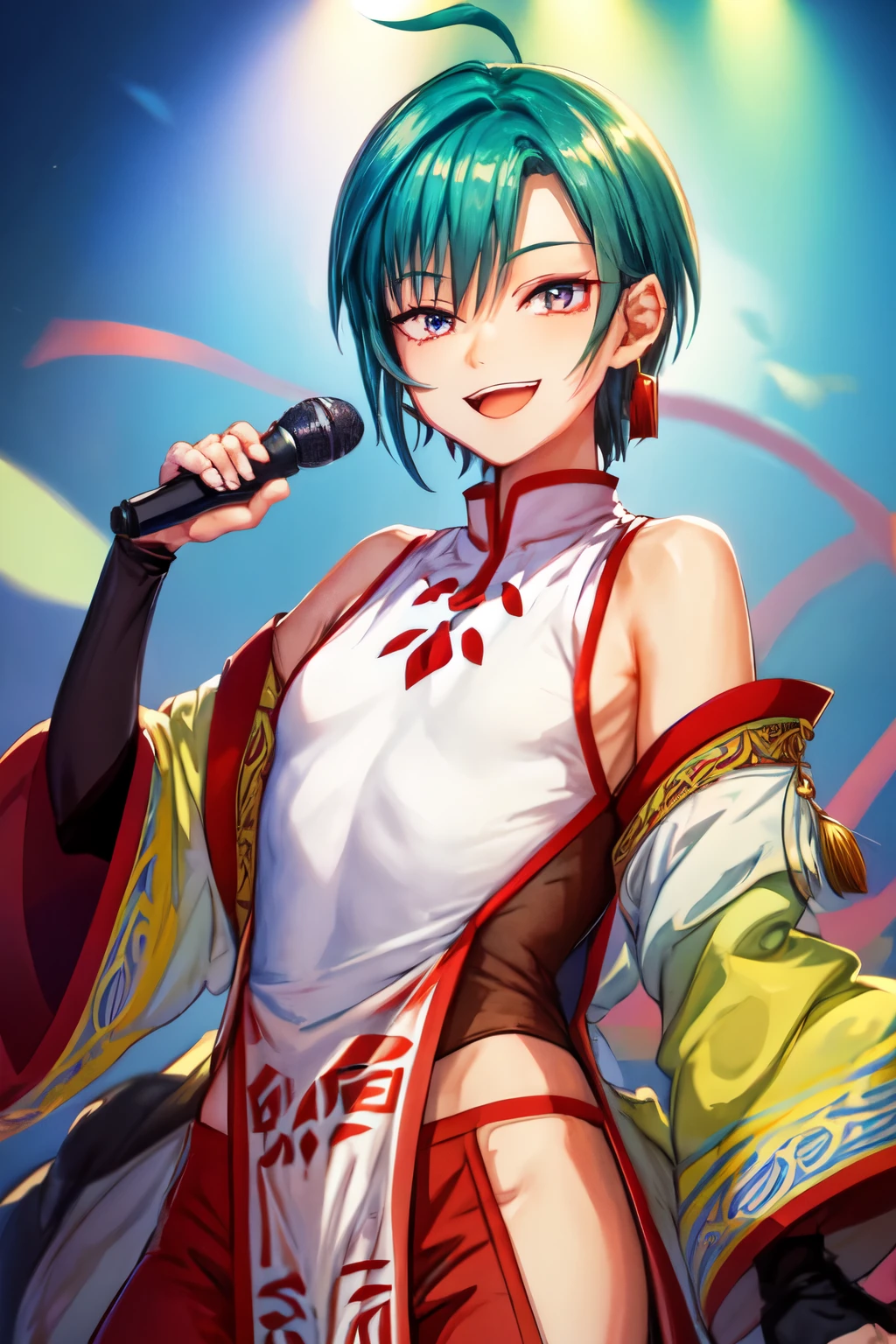 singing, hold a microphone, (masterpiece, highest quality:1.2), Cowboy Shot, alone, 1Other, Lung-hsien, Androgynous, Virtual YouTuber, smile, View Viewer, Face close-up, Singing scene, Ahoge, Single Blade, Chinese clothing, pants, Earrings, Exposing shoulders