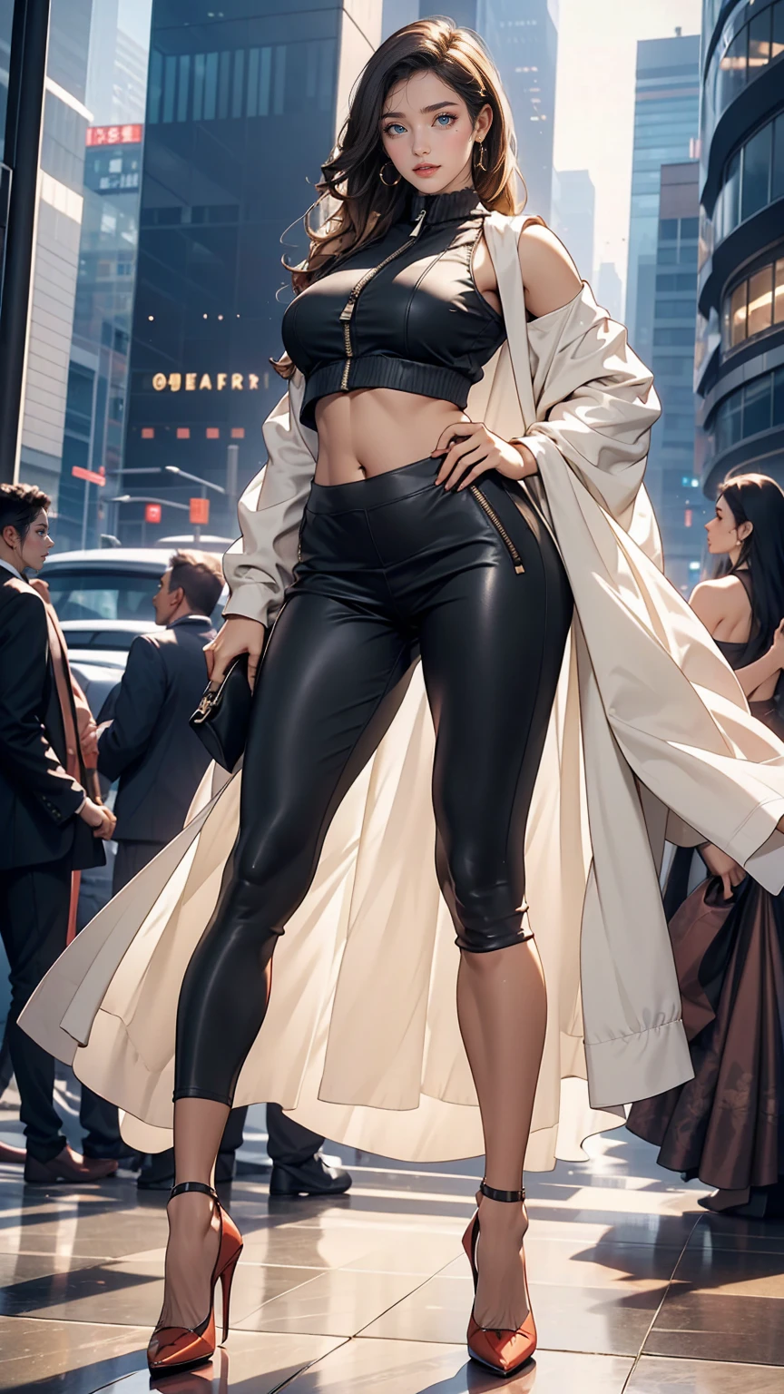 25-year-old Caucasian female、Outstanding proportions、Wear high-neck zipper-up tops、I can see my belly button、Wear low rise leggings、Background of skyscrapers、Wear stiletto heels、smile