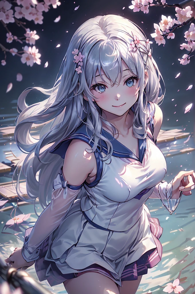 最high quality、best image quality、masterpiece、girl((18-year-old、 By becoming、vest bust、medium bust,wide open breast tea、shining eyes, silver hair、long hair、thin,highest valley、white see-through sailor suit、White short skirt、Wristband、smile、Leaning forward)),high quality、beautiful art、background((SakuraFubuki、Falling cherry blossoms、Cherry tree、beautiful park、square、Cherry Meadow、Wind))、Flight、debris flies、Depth of written boundary、movie、visual art、perfect art、8K,genuine、