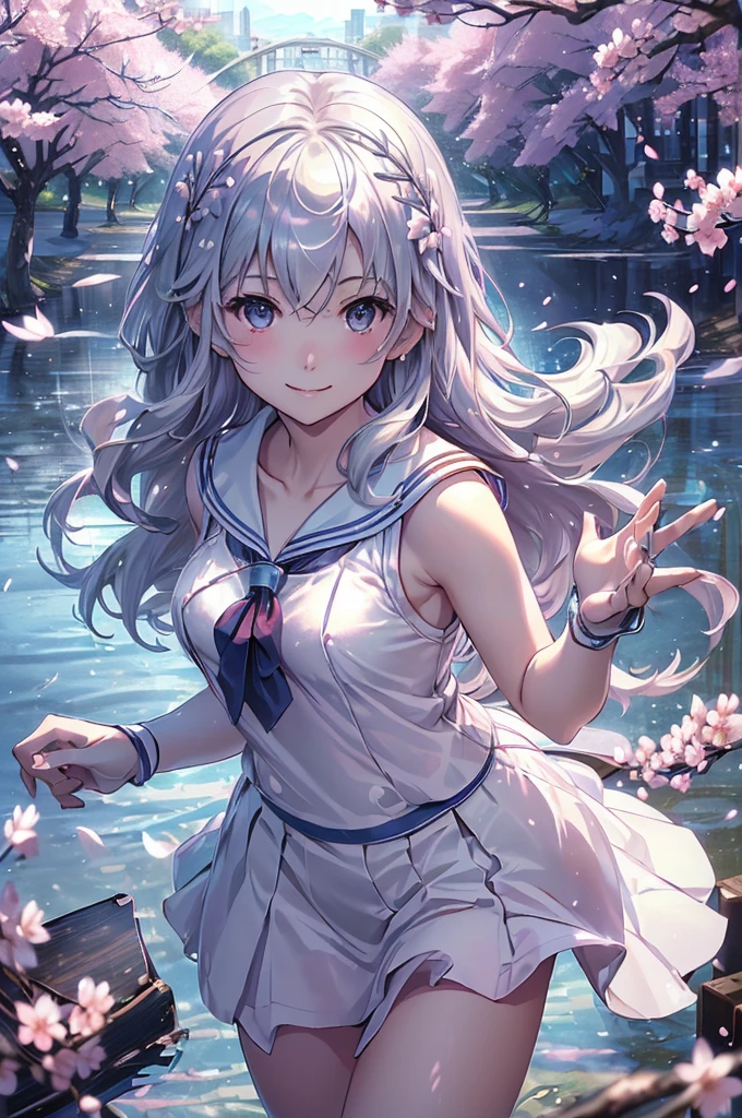 最high quality、best image quality、masterpiece、girl((18-year-old、 By becoming、vest bust、medium bust,wide open breast tea、shining eyes, silver hair、long hair、thin,highest valley、white see-through sailor suit、White short skirt、Wristband、smile、Leaning forward)),high quality、beautiful art、background((SakuraFubuki、Falling cherry blossoms、Cherry tree、beautiful park、square、Cherry Meadow、Wind))、Flight、debris flies、Depth of written boundary、movie、visual art、perfect art、8K,genuine、