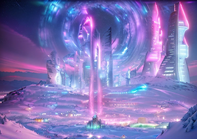 Masterpiece, 12k, uhd, photorealistic, a ultra beautiful suggestive landscape, with snow hills, snow land, futuristic metropolis in background, with skycrapers, night sky with stars, pink boreal aurora in the sky, light neon effects, cyberpunk dreaming atmosphere, (3D rendering buildings), seems real, blue and pink sky and snow colors