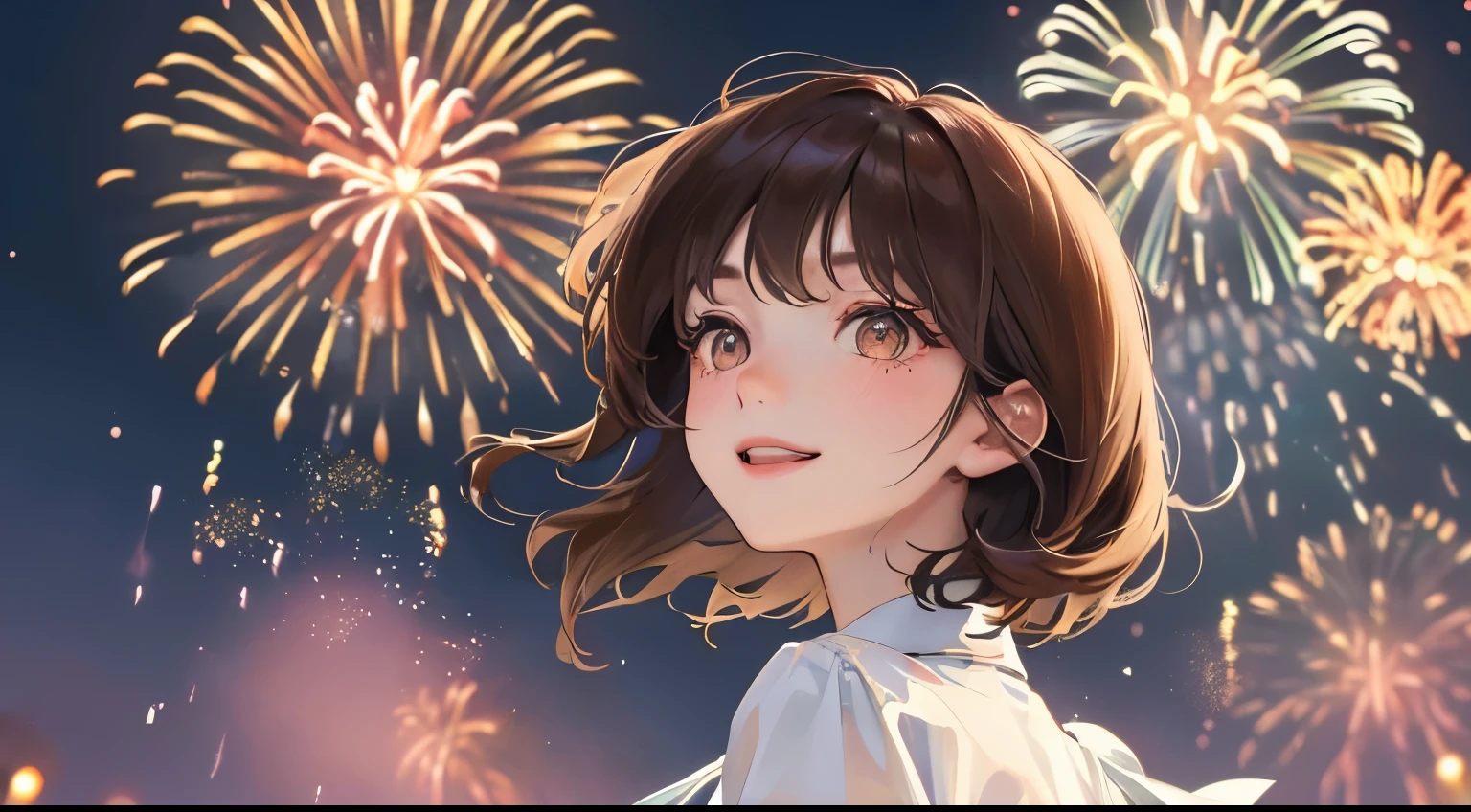 (((Looking up at the fireworks)))、(((One Girl)))、((Rear view)),Masterpiece,best quality, ((smile))), ,((White blouse))、((Night Background))、determined expression, Upper body diagram、 (Highest Resolution、Clear_image)、Best Quality、Light and shadow contrast、((illumination))、Very detailed、Semi-realistic、Short Hairstyle、Brown Hair、bangs、19 years old、　Lady,,young、((View from below))、Delicate Facial Features