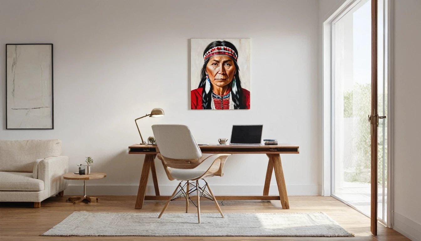 A modern home office setting with a realistic touch. The scene includes a man seated on the left side of the image, wearing a red polo shirt, with his body facing the camera and his head slightly turned to the right. He appears to be looking directly at the camera. He is sitting on a light-colored chair, which is only partially visible. On the right side of the image, there is a large, detailed painting of a Native American woman with traditional attire and accessories, hanging on a wall or door. The walls are white, creating a clean and minimalist look. The floor is light-colored, possibly beige or light gray. There is an open door leading to another room visible in the background. The lighting is natural and well-distributed, giving a cozy and professional ambiance.
