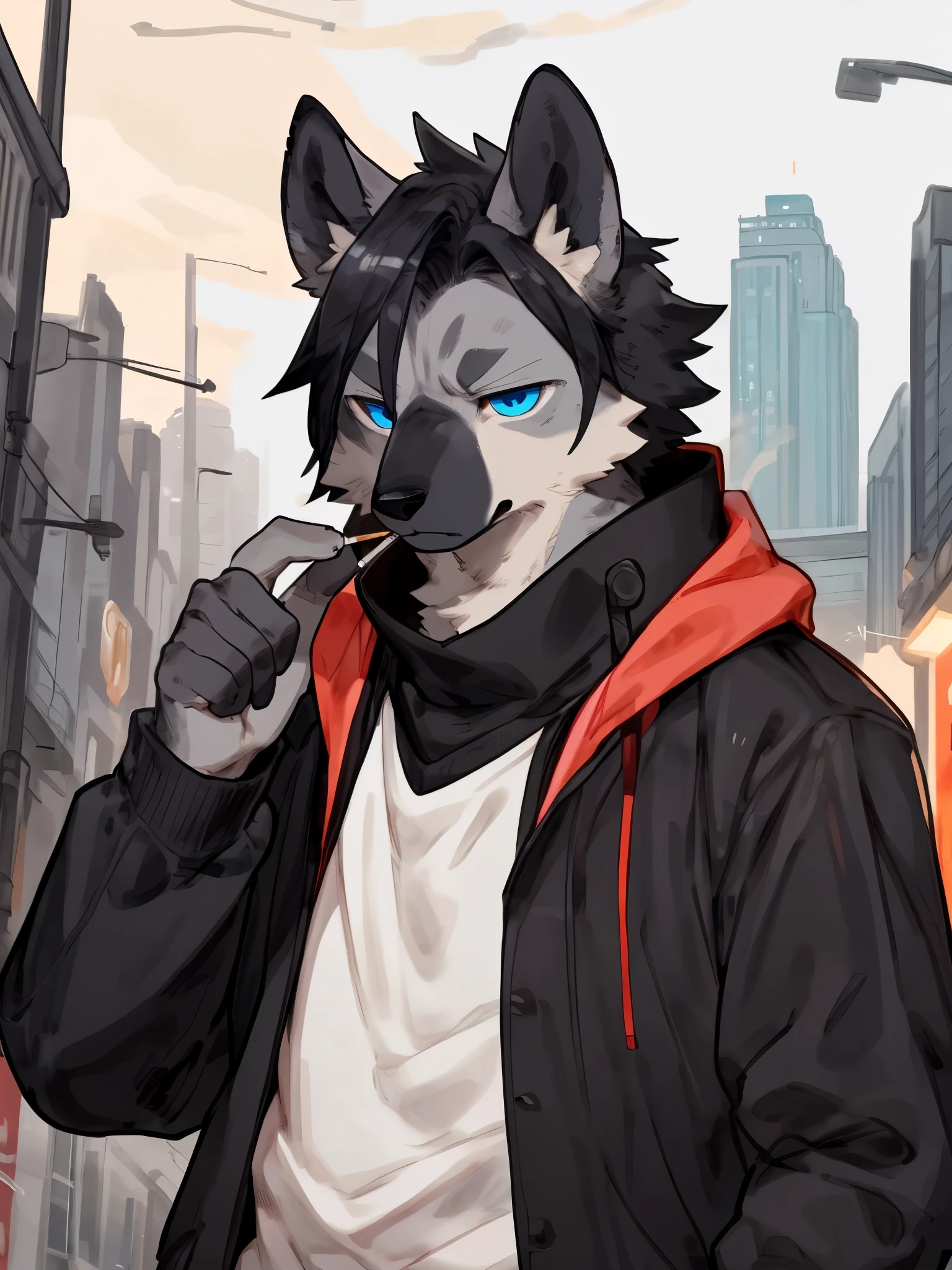 ((by Buta99, by Bebebebebe, by SpiritD, detailed anatomy, detailed eyes, detailed body, detailed face, best quality, high resolution)), 1Male, adult body, Spotted Hyena, grey furs body, black small hair bangs, black beard, blue eyes, tired eyes, tail, muscular body, white puffy jacket, smoking cigarette, focus on face, on the night park